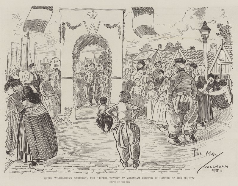 Accession de la reine Wilhelmina, la tour Eiffel à Volendam érigée en l