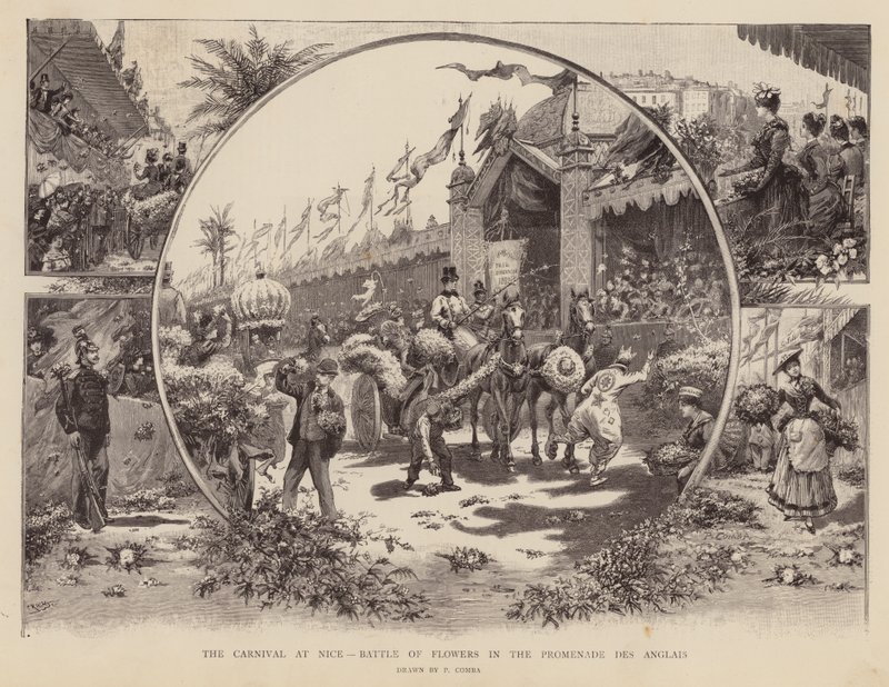 Le carnaval de Nice, bataille de fleurs sur la Promenade des Anglais (gravure) - Pierra Comba