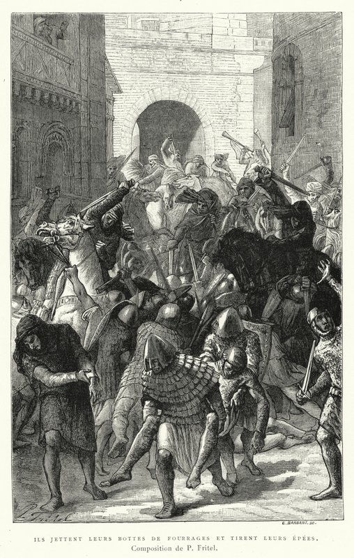 Ils jettent leurs bottes de fourrage et tirent leurs épées (gravure) - Pierre Fritel
