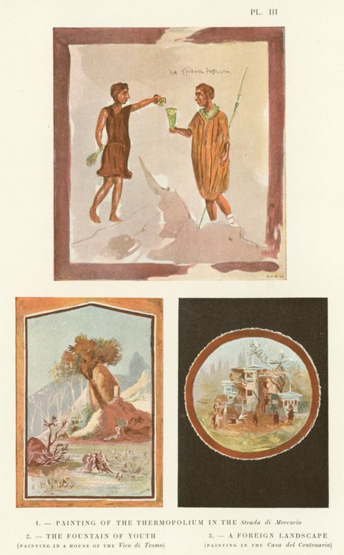 Peinture du Thermopolium dans la Strada di Mercurio, La Fontaine de Jouvence, Un paysage étranger (lithographie en couleur) - Pierre Gusman