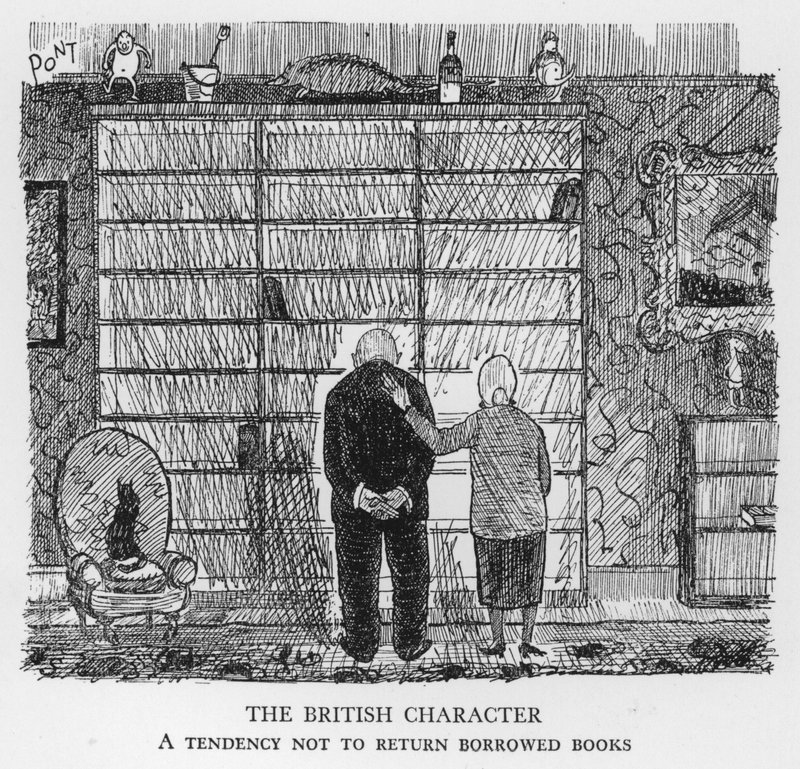 Le Caractère Britannique, Tendance à ne pas rendre les livres empruntés (lithographie) - Pont