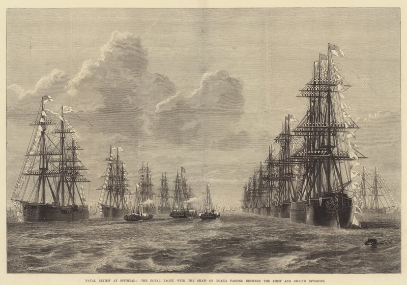 Revue navale à Spithead, le yacht royal, avec le Shah à bord, passant entre la première et la deuxième division - R. Dudley