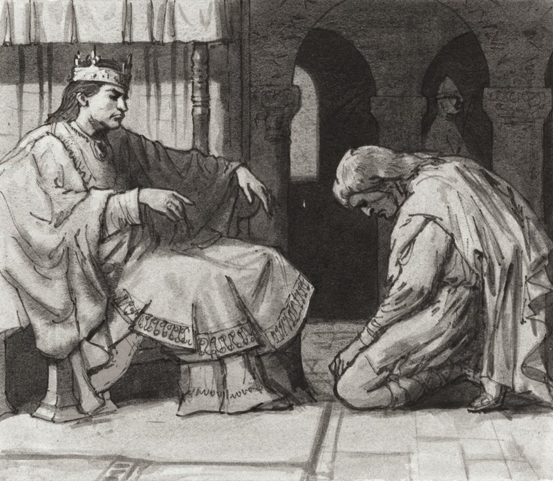 Walteof, comte de Northumbrie devant le roi Guillaume Ier (gouache sur papier) - Ralph Bruce