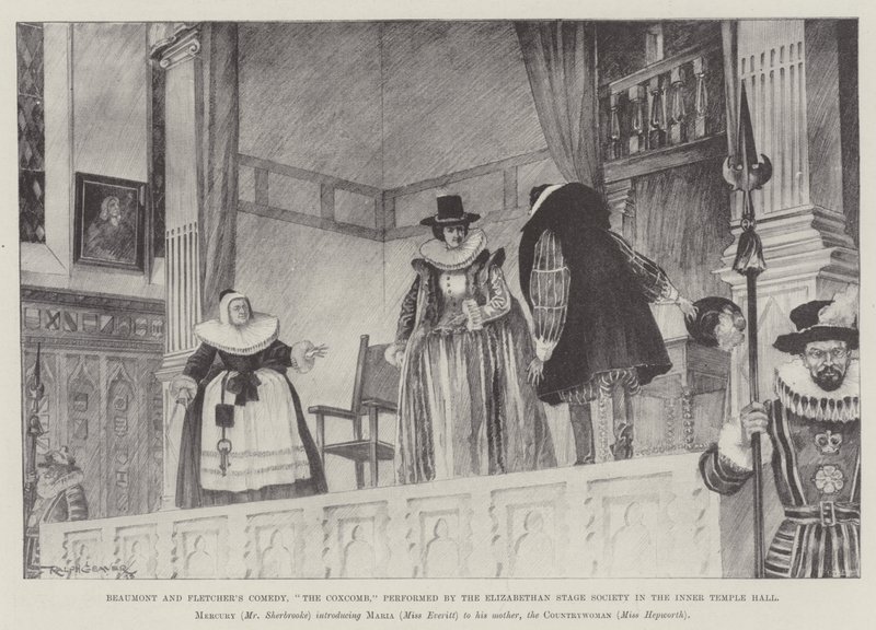 Comédie de Beaumont et Fletcher, Le Coxcomb, jouée par la Elizabethan Stage Society dans le Inner Temple Hall - Ralph Cleaver