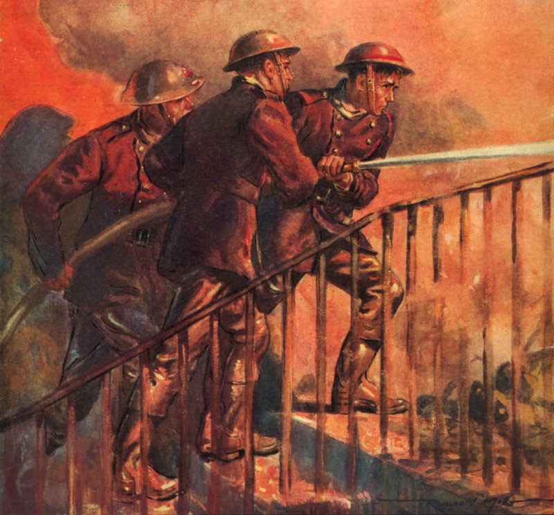 Pompiers britanniques du Service national des incendies en temps de guerre combattant un incendie pendant le Blitz, Seconde Guerre mondiale - Reginald Mills