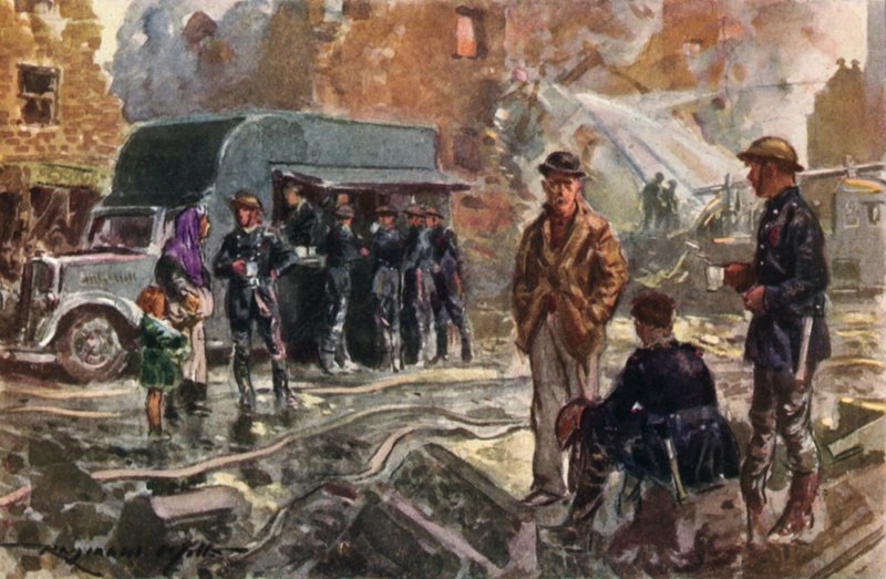 Pompiers du Service national des incendies britannique en temps de guerre utilisant une cantine mobile pendant le Blitz, Seconde Guerre mondiale - Reginald Mills