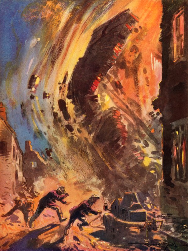 Pompiers du service national des incendies britannique en temps de guerre fuyant un bâtiment en effondrement pendant le Blitz, Seconde Guerre mondiale - Reginald Mills