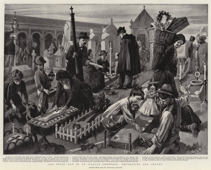 Jour de la Toussaint dans un cimetière italien, décoration des tombes (litho) - Reginald Thomas Cleaver
