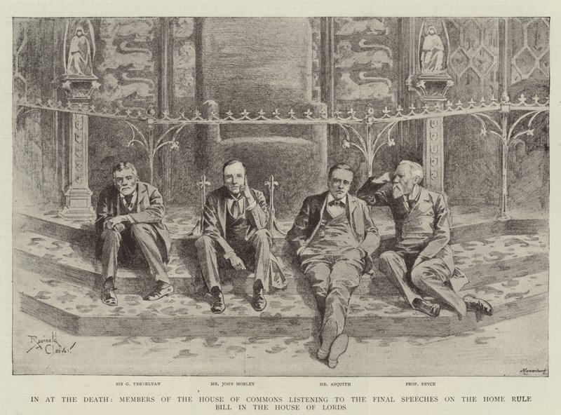 A la mort, les membres de la Chambre des Communes écoutant les discours finaux sur le Home Rule Bill à la Chambre des Lords (gravure) - Reginald Thomas Cleaver