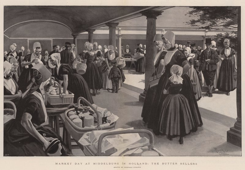 Jour de marché à Middelburg en Hollande, les vendeurs de beurre (litho) - Reginald Thomas Cleaver