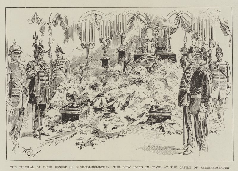 Les funérailles du duc Ernest de Saxe-Cobourg-Gotha, le corps reposant au château de Reinhardsbrunn (gravure) - Reginald Thomas Cleaver