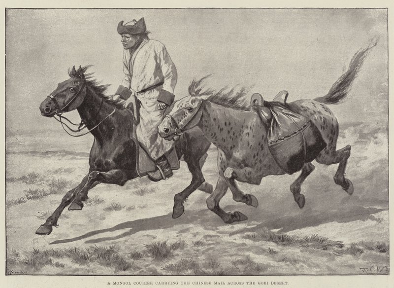 Un courrier mongol transportant le courrier chinois à travers le désert de Gobi - Richard Caton Woodville junior