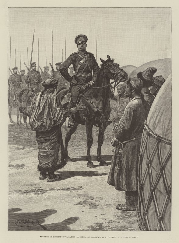 Avancée de la civilisation russe, une sotnia de cosaques dans un village de Tartarie chinoise - Richard Caton Woodville junior