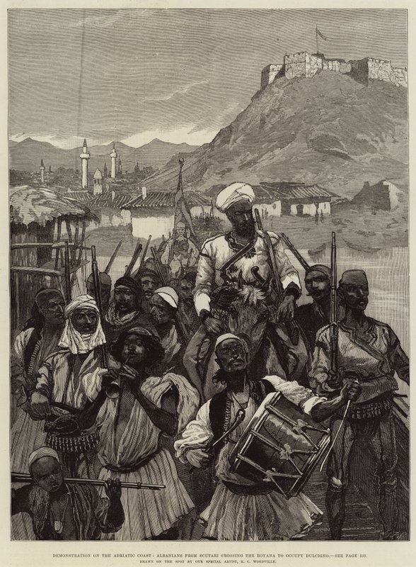 Manifestation sur la côte adriatique, Albanais de Scutari traversant la Boyana pour occuper Dulcigno - Richard Caton Woodville junior