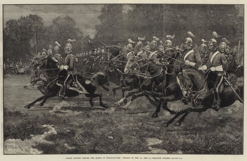 Grande revue devant la Reine dans le parc de Windsor, charge des 5e et 7e Dragons - Richard Caton Woodville junior