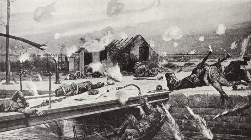 Lance-Corporal Charles Jarvis faisant sauter le pont à Jemappes, Belgique, 23 août 1914 - Richard Caton Woodville junior