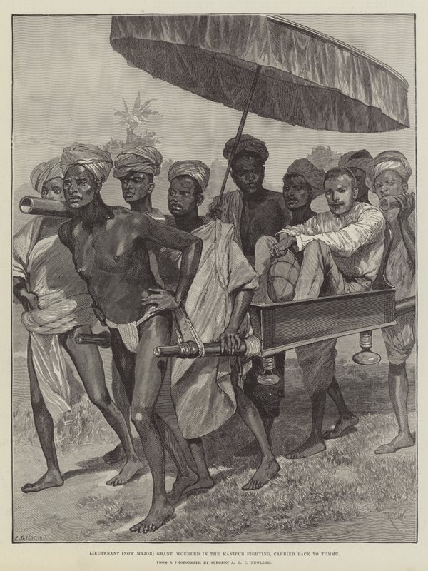 Lieutenant (maintenant Major) Grant, blessé lors des combats de Manipur, ramené à Tummu - Richard Caton Woodville junior