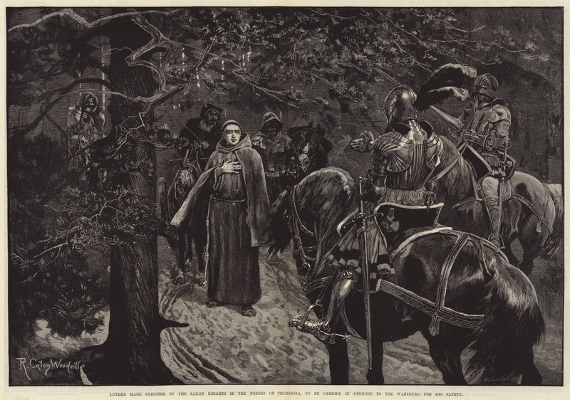 Luther fait prisonnier par les chevaliers saxons dans la forêt de Thuringe, pour être emmené déguisé à la Wartburg pour sa sécurité - Richard Caton Woodville junior