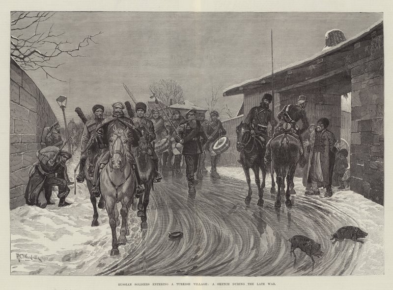 Soldats russes entrant dans un village turc, croquis pendant la dernière guerre - Richard Caton Woodville junior