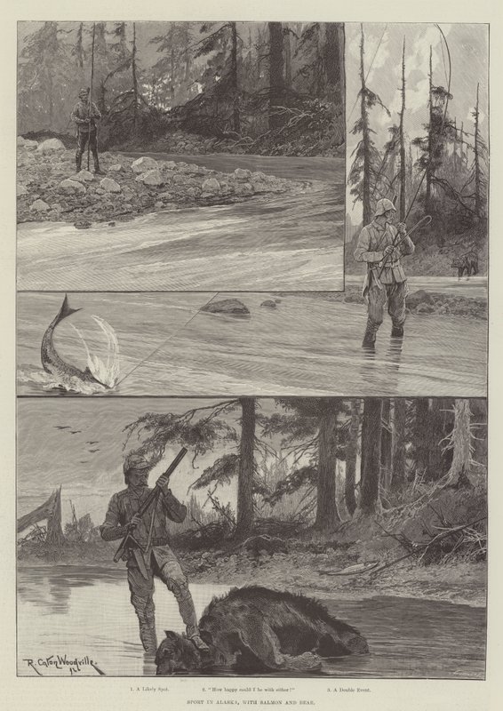 Sport en Alaska, avec saumon et ours - Richard Caton Woodville junior