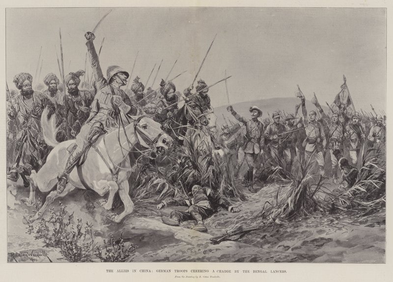 Les Alliés en Chine, les troupes allemandes acclamant une charge des lanciers du Bengale - Richard Caton Woodville junior