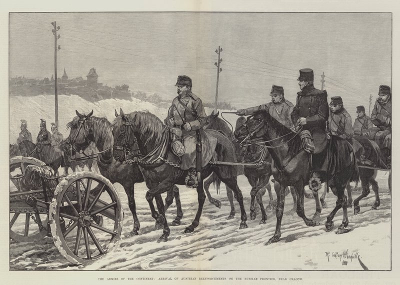 Les armées du continent, arrivée des renforts autrichiens à la frontière russe, près de Cracovie - Richard Caton Woodville junior