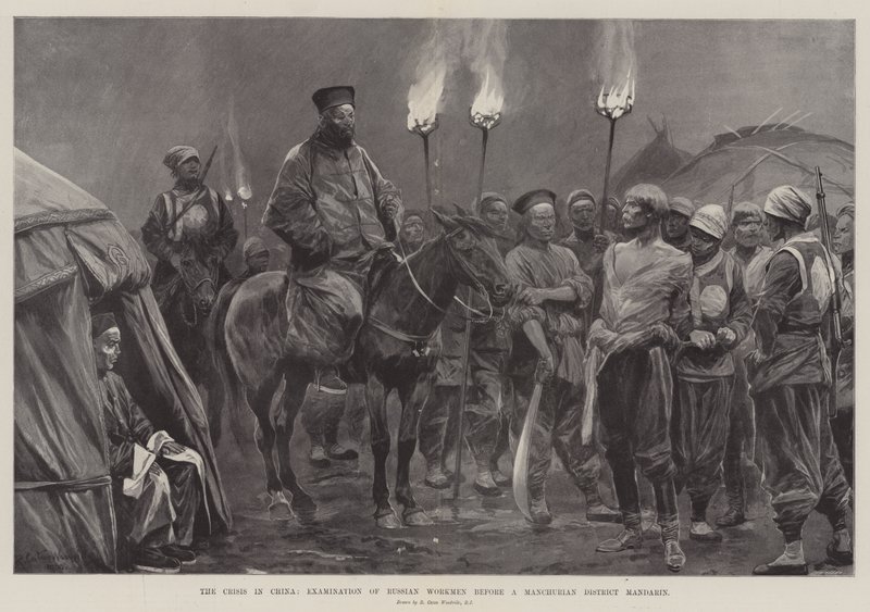 La crise en Chine, examen des ouvriers russes devant un mandarin de district mandchou - Richard Caton Woodville junior