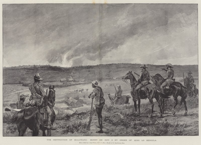 La Destruction de Buluwayo, brûlé le 3 novembre par ordre du roi Lo Bengula - Richard Caton Woodville junior