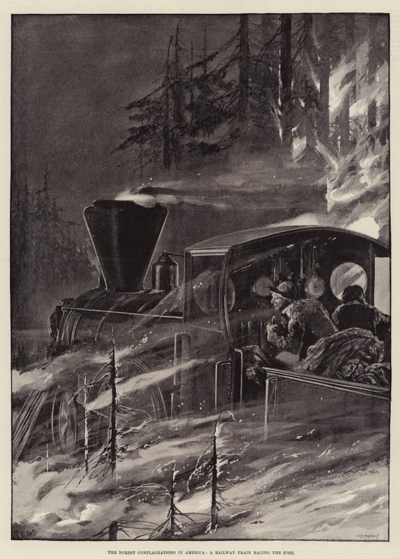 Les incendies de forêt en Amérique, un train de chemin de fer défiant le feu - Richard Caton Woodville junior