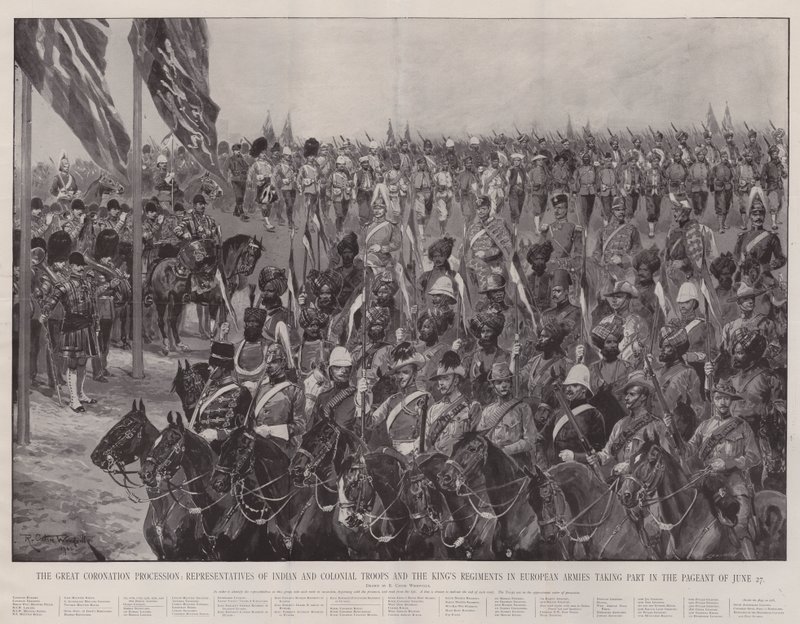 Le grand cortège de couronnement, représentants des troupes indiennes et coloniales et des régiments du roi dans les armées européennes participant au défilé du 27 juin - Richard Caton Woodville junior