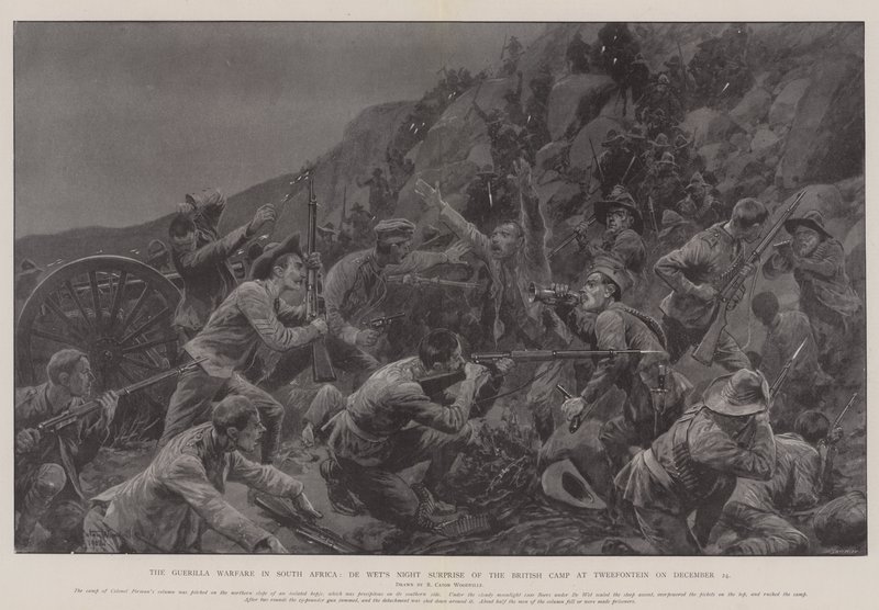 La guerre de guérilla en Afrique du Sud, la surprise nocturne de De Wet du camp britannique à Tweefontein le 24 décembre - Richard Caton Woodville junior