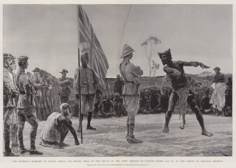La guérilla en Afrique du Sud, une Indaba tenue au kraal du chef Sipolilo par le capitaine Peake, 65e Yeomanry impérial, dans le district de North Lo Majunda - Richard Caton Woodville junior