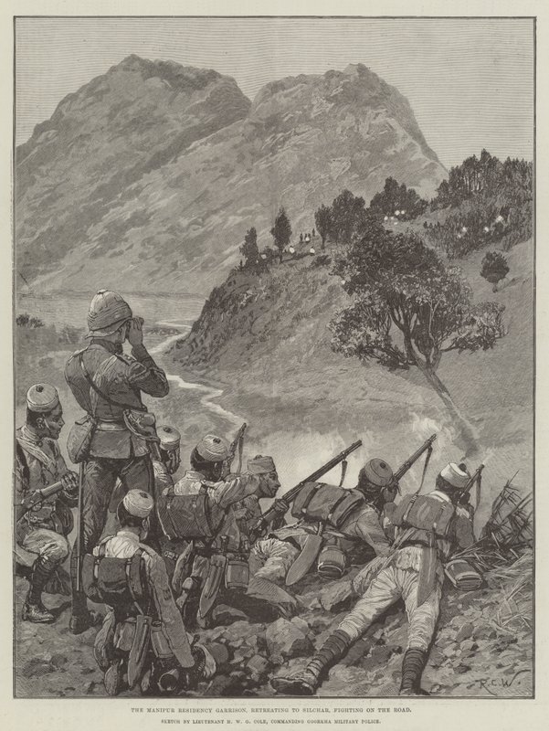 La garnison de la résidence de Manipur, en retraite vers Silchar, combattant sur la route - Richard Caton Woodville junior