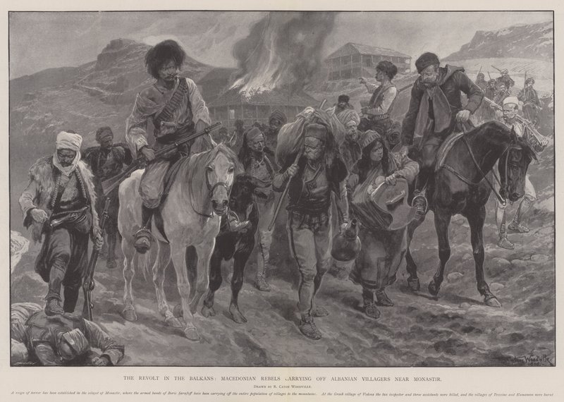 La révolte dans les Balkans, rebelles macédoniens emportant des villageois albanais près de Monastir - Richard Caton Woodville junior
