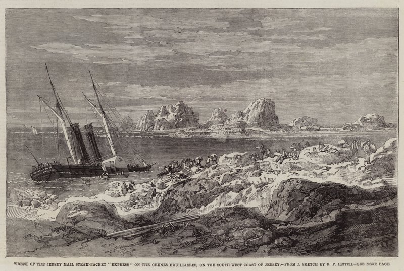Naufrage du paquebot postal express de Jersey sur les Grunes Houillieres, sur la côte sud-ouest de Jersey - Richard Principal Leitch