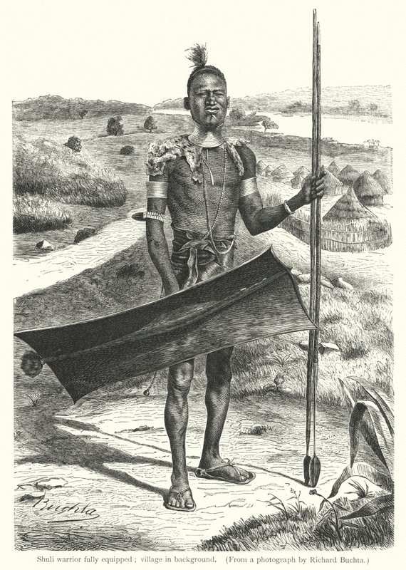 Guerrier Shuli entièrement équipé; village en arrière-plan (gravure) - Richard (after) Buchta