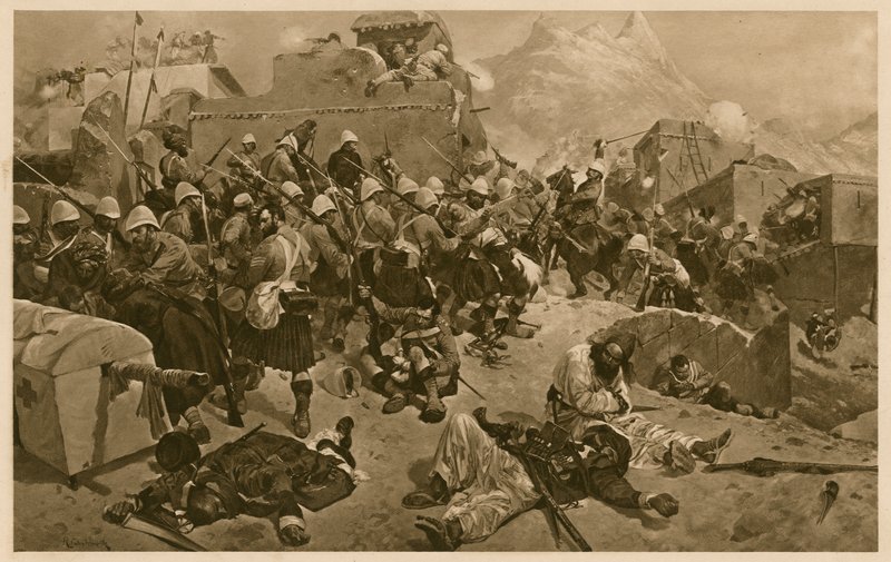 92e Highlanders et 2e Gurkhas attaquant Gundi Mulla Sahibdad pendant la bataille de Kandahar, Afghanistan, Deuxième guerre anglo-afghane - Richard Caton II (after) Woodville