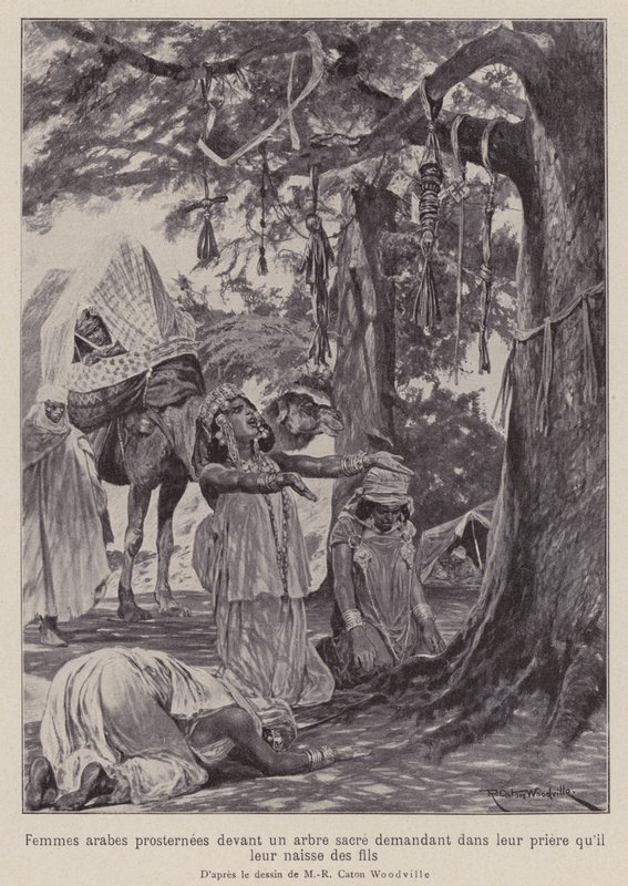 Femmes arabes se prosternant devant un arbre sacré en prière pour avoir des enfants (lithographie) - Richard Caton II (after) Woodville