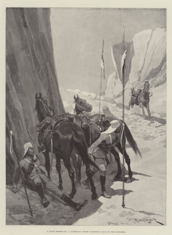 Un messager muet, un cheval sans cavalier galopant vers les soutiens - Richard Caton Woodville junior