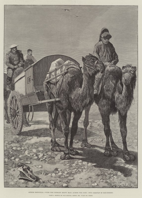À travers la Mongolie, avec le courrier lourd russe à travers le Gobi, notre caravane en plein désert - Richard Caton Woodville junior