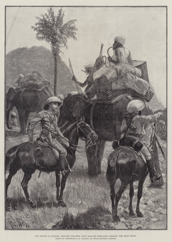 Nos troupes en Birmanie, infanterie montée avec des éléphants de bagages traversant les collines Shan - Richard Caton Woodville junior