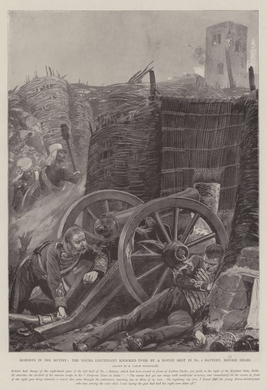 Roberts dans la mutinerie, le jeune lieutenant renversé par un boulet dans la batterie n°2, devant Delhi - Richard Caton Woodville junior
