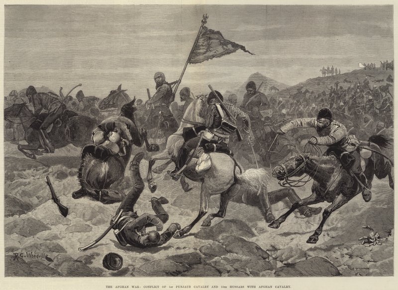 La guerre afghane, conflit de la 1ère cavalerie du Pendjab et des 15e hussards avec la cavalerie afghane - Richard Caton Woodville junior