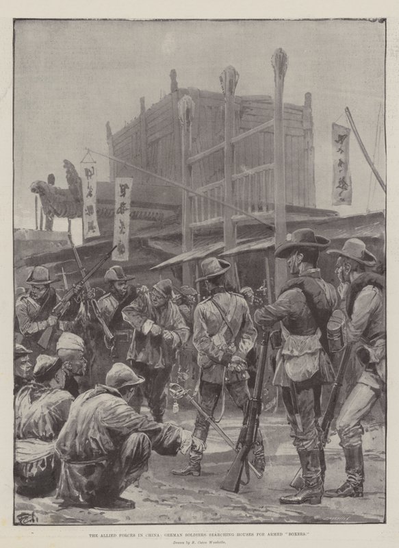 Les forces alliées en Chine, soldats allemands fouillant les maisons à la recherche de boxeurs armés - Richard Caton Woodville junior
