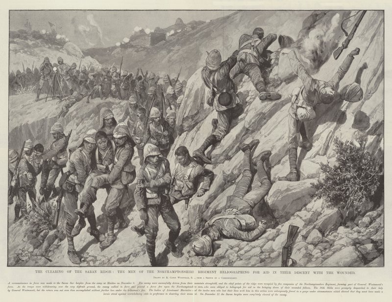 Le déblaiement de la crête de Saran, les hommes du régiment de Northamptonshire héliographiant pour obtenir de l