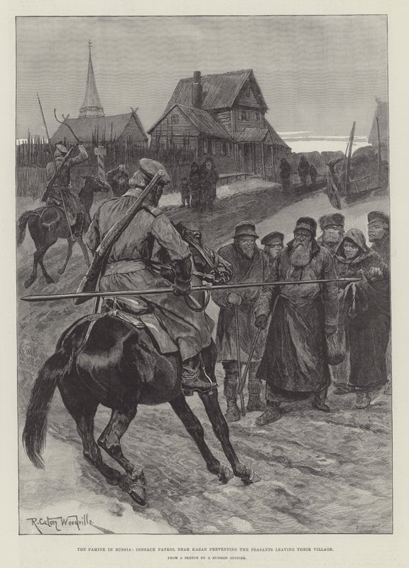 La famine en Russie, patrouille cosaque près de Kazan empêchant les paysans de quitter leur village - Richard Caton Woodville junior