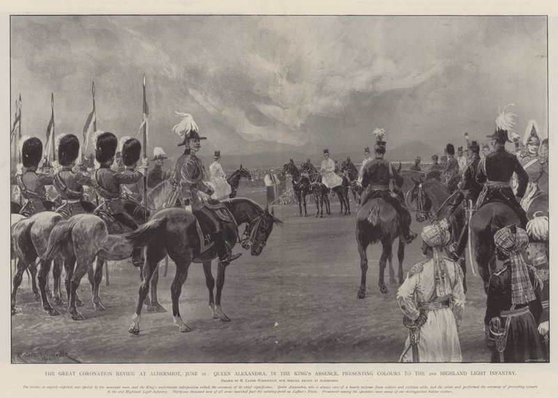 La grande revue du couronnement à Aldershot, 16 juin, la reine Alexandra, en l