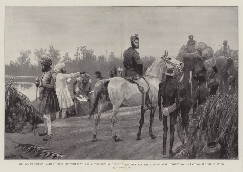 La famine en Inde, prince indigène supervisant la distribution de grains aux hommes affamés employés à la construction de réservoirs dans le cadre des travaux de secours - Richard Caton Woodville junior