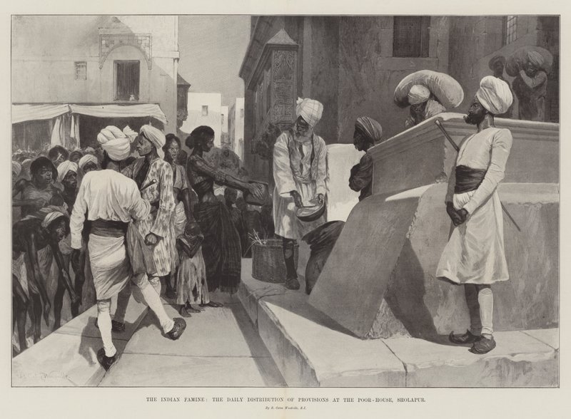 La famine en Inde, la distribution quotidienne de provisions à la maison des pauvres, Sholapur - Richard Caton Woodville junior