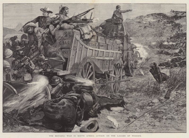 La guerre des Matabili en Afrique du Sud, attaque sur le camp de chariots - Richard Caton Woodville junior